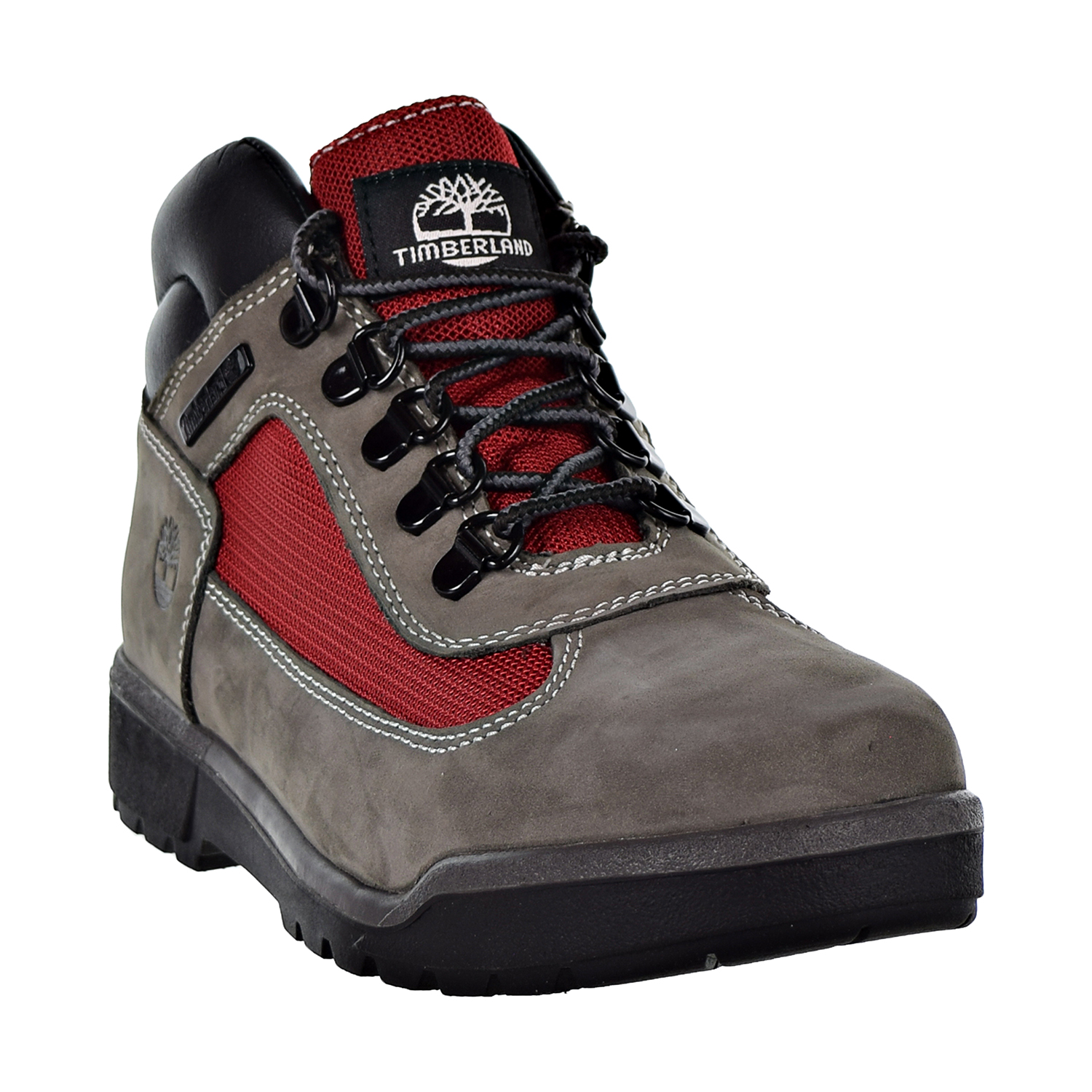 red and blue timberland field boots